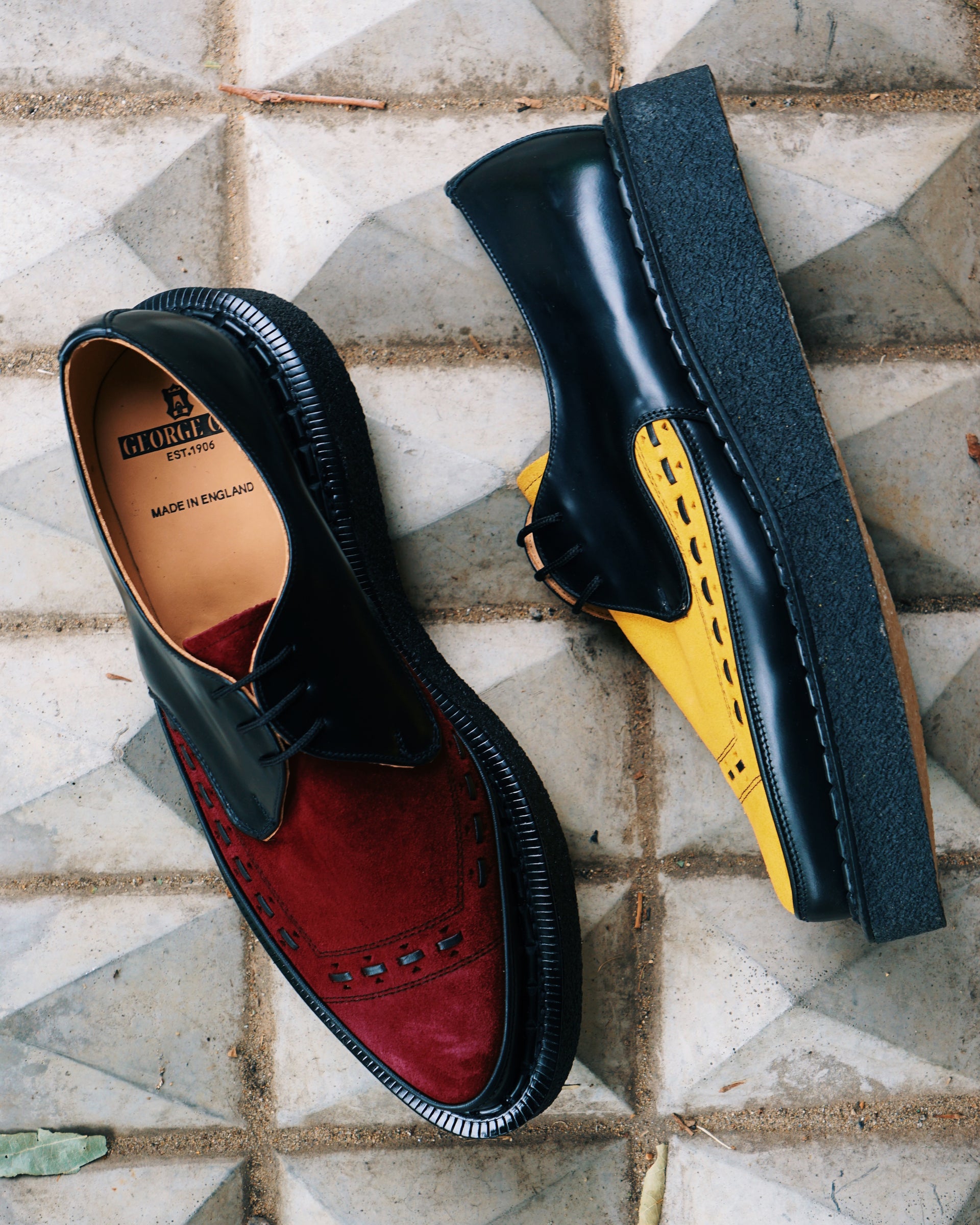 Pointed diano shoes in black with mustard suede and black with burgundy suede